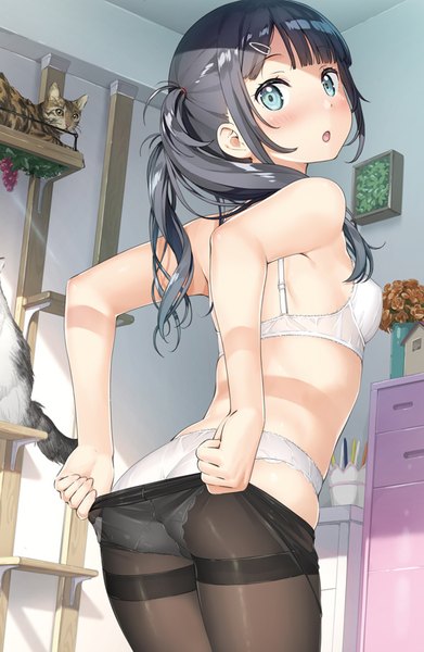 Anime picture 591x906 with original kantoku single long hair tall image looking at viewer blush fringe open mouth blue eyes light erotic black hair standing twintails bare shoulders payot ass indoors blunt bangs head tilt