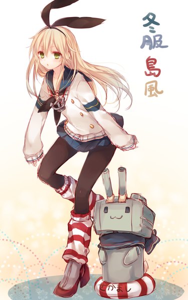 Anime picture 720x1152 with kantai collection shimakaze destroyer rensouhou-chan komeshiro kasu single long hair tall image looking at viewer blush open mouth blonde hair green eyes long sleeves adapted costume girl uniform bow hair bow pantyhose socks