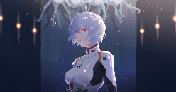 Anime picture 2048x1080 with neon genesis evangelion gainax ayanami rei j fang single fringe highres short hair hair between eyes red eyes wide image silver hair upper body girl pilot suit