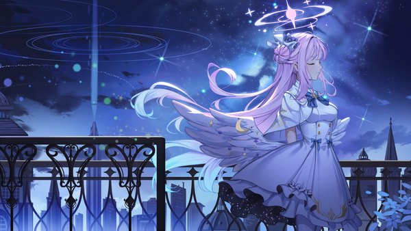Anime-Bild 3840x2160 mit blue archive mika (blue archive) al guang single long hair highres wide image standing pink hair absurdres eyes closed profile night hair bun (hair buns) night sky hands behind back white wings low wings milky way girl