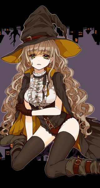 Anime picture 800x1500 with original abararack single long hair tall image looking at viewer fringe light erotic brown hair green eyes payot full body bent knee (knees) blunt bangs parted lips grey background kneeling wavy hair halloween lace-trimmed panties