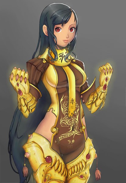 Anime picture 3508x5079 with blade & soul exerionz (artist) single long hair tall image looking at viewer highres light erotic black hair red eyes absurdres grey background girl gloves elbow gloves armor