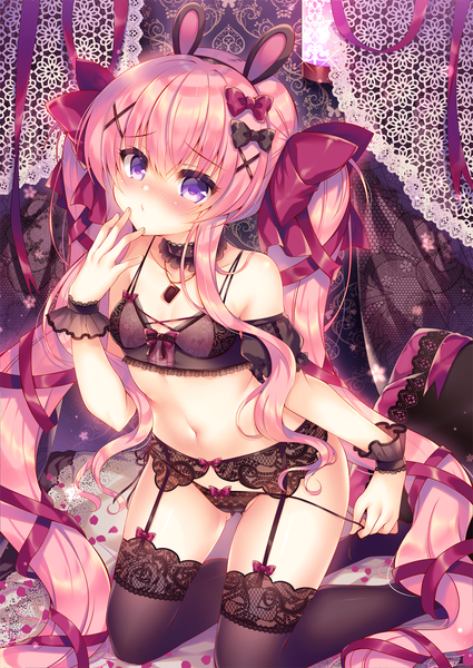 Anime picture 1003x1416 with original lilia chocolanne suzunone rena single tall image looking at viewer blush fringe breasts light erotic purple eyes twintails animal ears pink hair very long hair bunny ears underwear only kneeling fake animal ears hand to mouth