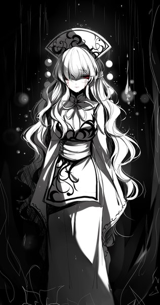 Anime picture 2000x3800 with touhou junko (touhou) sheya single long hair tall image fringe highres red eyes standing long sleeves hair over one eye tears black background sleeves past wrists monochrome wavy hair rain spot color bloody tears