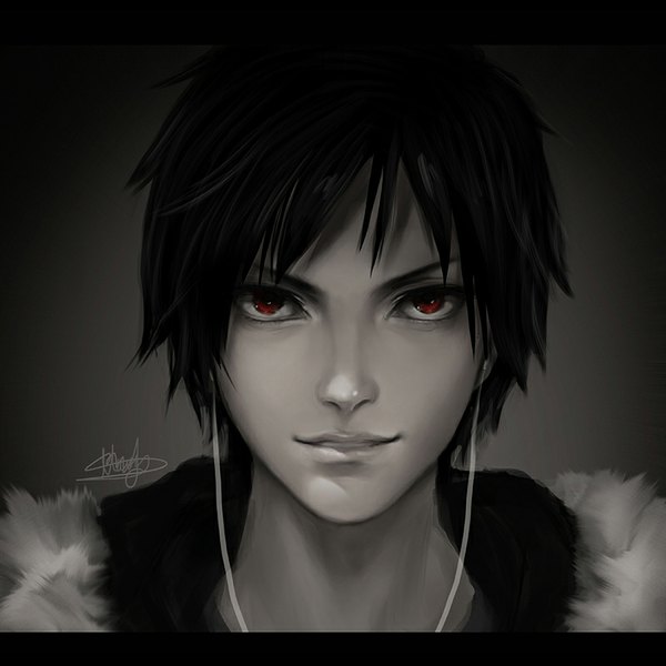 Anime picture 800x800 with durarara!! brains base (studio) orihara izaya mystical-enigma single looking at viewer fringe short hair black hair red eyes signed parted lips light smile inscription grey background monochrome letterboxed boy jacket headphones