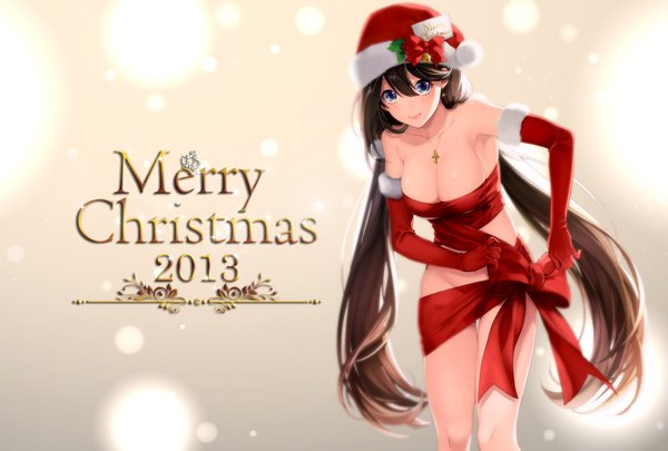 Anime picture 1748x1181 with original katase waka single long hair looking at viewer highres breasts blue eyes light erotic brown hair twintails christmas merry christmas naked ribbon 2013 girl gloves bow elbow gloves santa claus hat