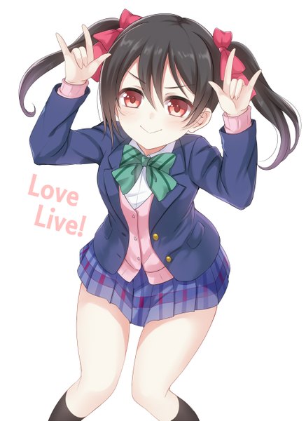Anime picture 1000x1373 with love live! school idol project sunrise (studio) love live! yazawa nico harimoji single long hair tall image looking at viewer blush black hair simple background red eyes white background twintails plaid skirt mmm :> girl skirt
