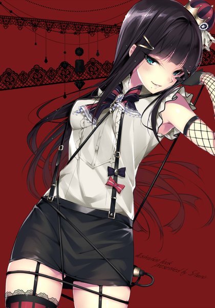Anime picture 2538x3624 with love live! sunshine!! sunrise (studio) love live! kurosawa dia hario 4 single long hair tall image looking at viewer fringe highres breasts black hair simple background smile standing signed payot blunt bangs parted lips
