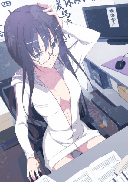 Anime picture 1750x2480 with original yoshida takuma single long hair tall image highres breasts blue eyes light erotic black hair sitting hand on head girl glasses monitor computer mouse