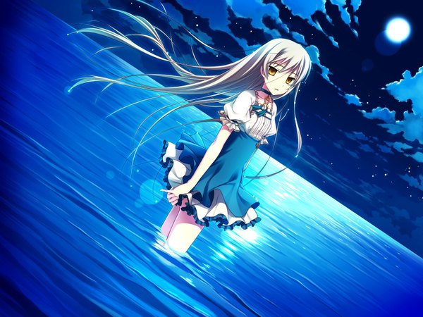 Anime picture 1600x1200 with worlds and world's end tsukahara maiko amakura single long hair blonde hair game cg cloud (clouds) night orange eyes girl dress water moon