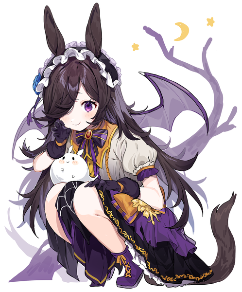 Anime picture 1968x2373 with umamusume rice shower (umamusume) rice shower (make up vampire!) (umamusume) inu (puputizy) single long hair tall image looking at viewer fringe highres black hair simple background smile white background purple eyes animal ears tail animal tail hair flower hair over one eye