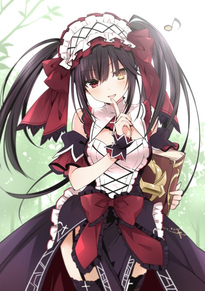 Anime picture 1280x1817 with date a live tokisaki kurumi tsunako single long hair tall image blush fringe breasts open mouth black hair smile hair between eyes red eyes standing twintails holding yellow eyes payot head tilt