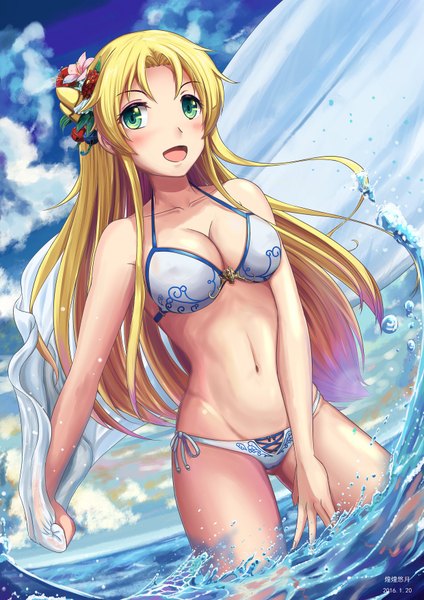 Anime picture 1240x1754 with huanghyy single long hair tall image looking at viewer blush breasts open mouth light erotic blonde hair green eyes hair flower groin girl navel flower (flowers) swimsuit bikini water