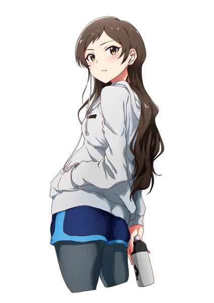 Anime picture 2507x3541 with idolmaster idolmaster million live! kitazawa shiho ayano yuu (sonma 1426) single long hair tall image looking at viewer blush highres simple background brown hair standing white background brown eyes hand in pocket girl pantyhose shorts headphones