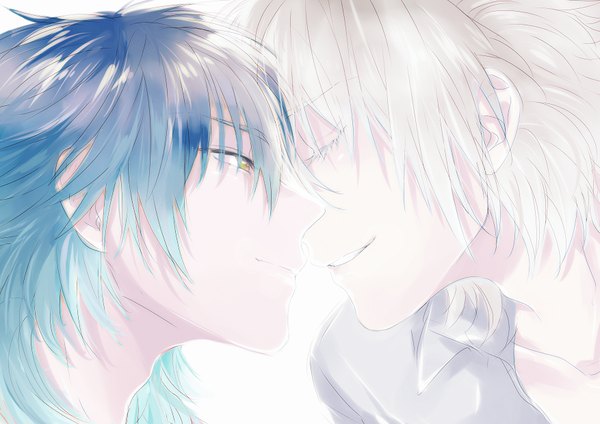 Anime picture 877x620 with dramatical murder nitro+chiral aoba (dmmd) clear (dmmd) yuta arata long hair fringe short hair light erotic hair between eyes white background yellow eyes blue hair white hair eyes closed profile light smile multiple boys close-up shounen ai