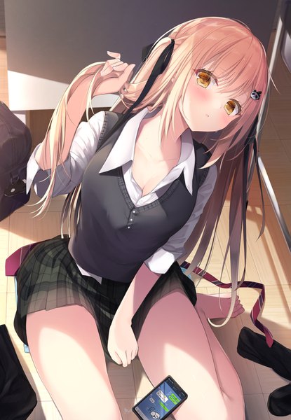 Anime picture 1039x1500 with original sasahara wakaba single long hair tall image looking at viewer blush fringe breasts open mouth blonde hair hair between eyes sitting yellow eyes payot cleavage bent knee (knees) indoors head tilt pleated skirt
