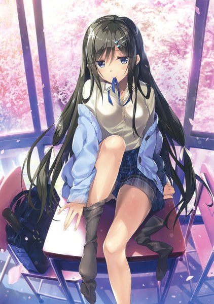 Anime picture 2112x3000 with original eshi 100-nin ten oryou single long hair tall image looking at viewer blush fringe highres blue eyes light erotic black hair hair between eyes sitting holding indoors long sleeves scan two side up