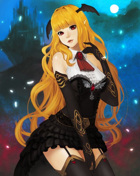 Anime picture 1200x1500 with original meto31 single long hair tall image looking at viewer fringe blonde hair red eyes bare shoulders wavy hair head wings girl thighhighs dress gloves wings elbow gloves frills moon