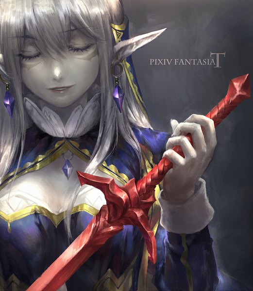 イラスト 800x920 と オリジナル pixiv fantasia pixivファンタジアT kzcjimmy虹真九郎 ソロ 長髪 長身像 前髪 おっぱい 銀髪 eyes closed エルフ耳 inscription facial mark close-up elf grey skin 女の子 武器 耳飾り