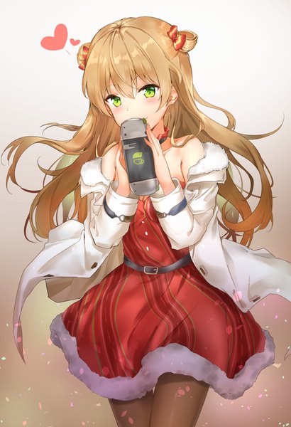 Anime picture 2439x3572 with girls frontline rfb (girls frontline) rfb (how rfb stole xmas) (girls frontline) nyung single long hair tall image looking at viewer blush fringe highres simple background hair between eyes brown hair standing holding green eyes off shoulder open clothes hair bun (hair buns)