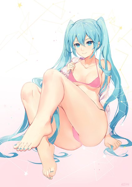 Anime picture 1000x1415 with vocaloid hatsune miku atdan single long hair tall image looking at viewer fringe breasts light erotic smile hair between eyes sitting twintails bare shoulders signed full body very long hair nail polish barefoot