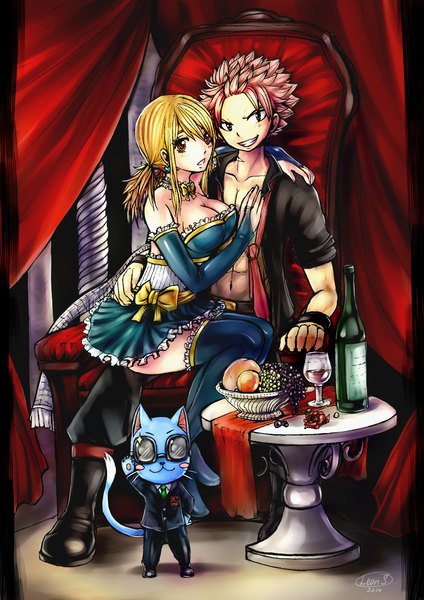 Anime picture 1200x1700 with fairy tail lucy heartfilia natsu dragneel happy (fairy tail) leonstar long hair tall image looking at viewer fringe short hair breasts blonde hair smile brown hair sitting green eyes pink hair cleavage full body indoors