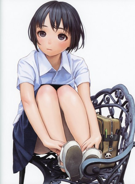 Anime picture 5092x6966 with futurelog (artbook) range murata single tall image looking at viewer highres short hair black hair simple background white background sitting absurdres bent knee (knees) black eyes scan short sleeves convenient censoring expressionless knees touching girl