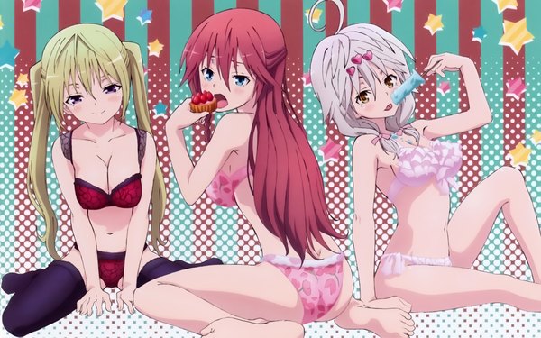 Anime picture 4175x2615 with trinity seven asami lilith kurata yui selina sherlock kiso yuuta long hair looking at viewer blush highres open mouth blue eyes light erotic blonde hair purple eyes twintails multiple girls brown eyes absurdres red hair grey hair