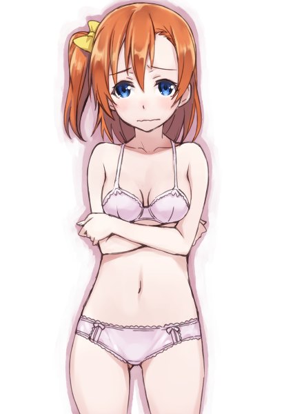 Anime picture 850x1200 with love live! school idol project sunrise (studio) love live! kousaka honoka matsuryuu single tall image looking at viewer blush short hair blue eyes light erotic simple background white background bare shoulders orange hair embarrassed underwear only one side up girl