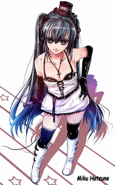 Anime picture 1000x1598 with vocaloid hatsune miku ryuuzaki ichi single long hair tall image looking at viewer blue eyes simple background smile twintails bare shoulders blue hair from above shadow tattoo hand on hip girl thighhighs dress