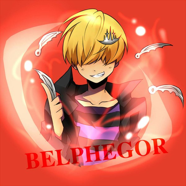 Anime picture 1000x1000 with katekyou hitman reborn belphegor (khr) matsurinnu single short hair open mouth blonde hair simple background smile inscription open clothes open jacket red background boy weapon jacket crown