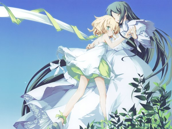 Anime picture 1600x1200 with katahane tarte belle (katahane) angelina rocca long hair blush short hair blonde hair smile green hair dress white dress