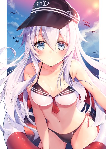 Anime-Bild 800x1118 mit kantai collection hibiki destroyer necomi (gussan) single long hair tall image looking at viewer blush fringe open mouth blue eyes light erotic hair between eyes standing bare shoulders sky silver hair cloud (clouds) bare belly :o