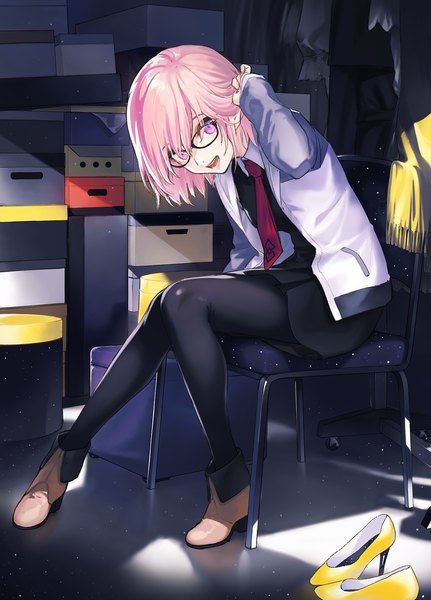 Anime picture 1200x1668 with fate (series) fate/grand order mash kyrielight la-na single tall image looking at viewer fringe short hair open mouth hair between eyes sitting pink hair full body bent knee (knees) pink eyes open jacket shadow leaning leaning forward