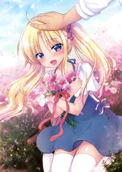 Anime picture 2494x3500 with original mikami mika long hair tall image blush highres open mouth blonde hair purple eyes twintails looking away ahoge scan sparkle loli solo focus pov headpat girl thighhighs