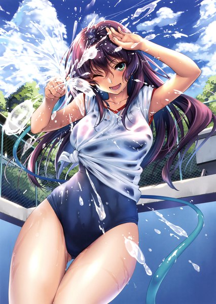 Anime picture 2483x3500 with original piromizu single long hair tall image blush highres open mouth blue eyes light erotic absurdres sky purple hair cloud (clouds) one eye closed scan official art girl swimsuit water