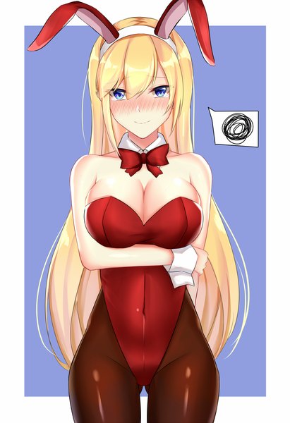 Anime picture 1200x1751 with azur lane north carolina (azur lane) eternity (shadeh) single long hair tall image looking at viewer blush fringe breasts blue eyes light erotic simple background blonde hair hair between eyes large breasts standing animal ears cleavage armpit (armpits)