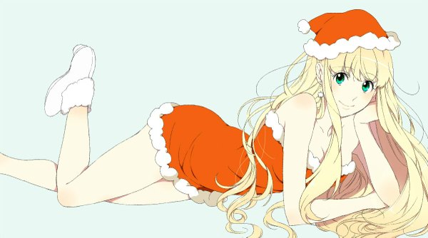 Anime picture 1200x669 with aldnoah.zero a-1 pictures asseylum vers allusia amy26 single long hair looking at viewer blush fringe simple background blonde hair smile wide image bare shoulders green eyes lying arm support fur trim christmas aqua background