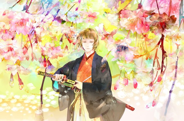 Anime picture 2000x1322 with saiga tokihito single highres short hair red eyes brown hair green eyes traditional clothes japanese clothes multicolored eyes boy flower (flowers) weapon sword katana