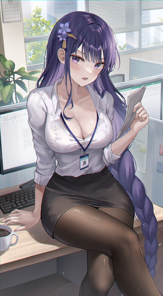 Anime picture 3780x6880 with genshin impact raiden shogun wolla single long hair tall image looking at viewer blush fringe highres breasts open mouth light erotic large breasts sitting purple eyes holding absurdres cleavage purple hair