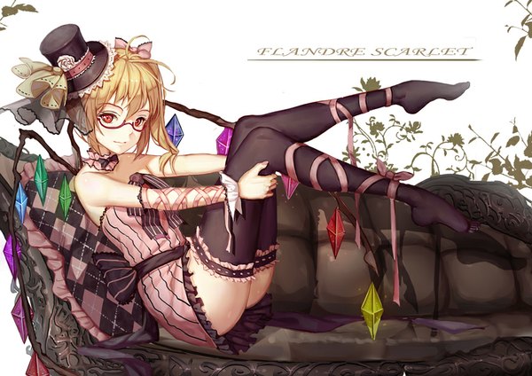Anime picture 877x620 with touhou flandre scarlet soulkiller (brz) single looking at viewer short hair light erotic blonde hair red eyes full body legs character names one side up bespectacled girl thighhighs dress black thighhighs hat wings
