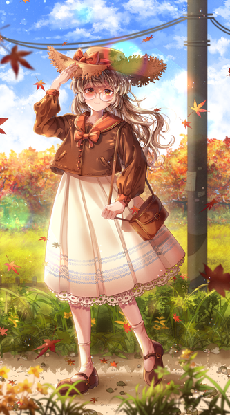 Anime picture 2000x3600 with original menna (0012) single long hair tall image blush fringe highres smile brown hair standing holding yellow eyes sky cloud (clouds) full body outdoors blunt bangs long sleeves arm up