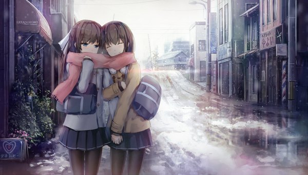 Anime picture 1637x931 with original missle228 long hair blush fringe blue eyes smile brown hair wide image standing multiple girls sky outdoors eyes closed pleated skirt city holding hands winter snow ^ ^