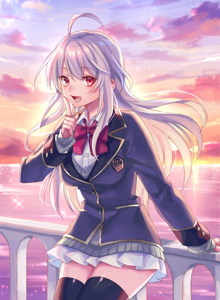 Anime picture 1462x2000 with original zoff (daria) single long hair tall image looking at viewer blush fringe open mouth hair between eyes red eyes standing payot sky silver hair cloud (clouds) ahoge outdoors indoors long sleeves