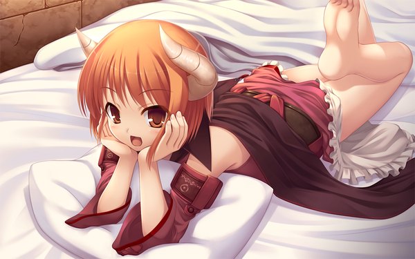 Anime picture 1440x900 with seirei tenshou christo wu hitomaru short hair open mouth wide image game cg orange hair orange eyes girl pillow bed