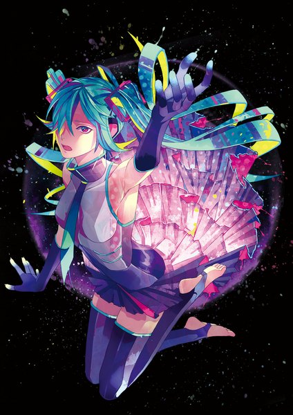 Anime picture 800x1132 with vocaloid hatsune miku zain single long hair tall image fringe open mouth simple background twintails pink eyes barefoot from above hair over one eye aqua hair armpit (armpits) black background weightlessness girl thighhighs