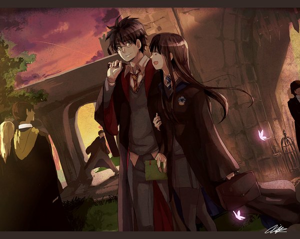Anime picture 1024x819 with harry potter harry potter (character) cho chang long hair short hair open mouth blonde hair brown hair couple girl boy skirt glasses necktie insect butterfly pants sweater bag cloak