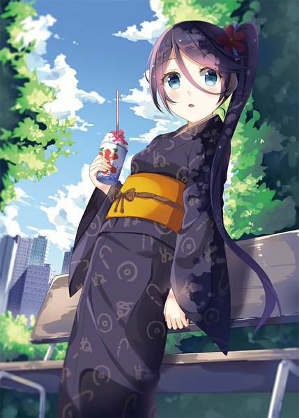 Anime picture 741x1036 with hataraku maou-sama! white fox kamazuki suzuno taiyaki (astre) single long hair tall image looking at viewer blush blue eyes black hair sky cloud (clouds) ponytail traditional clothes japanese clothes city girl kimono obi