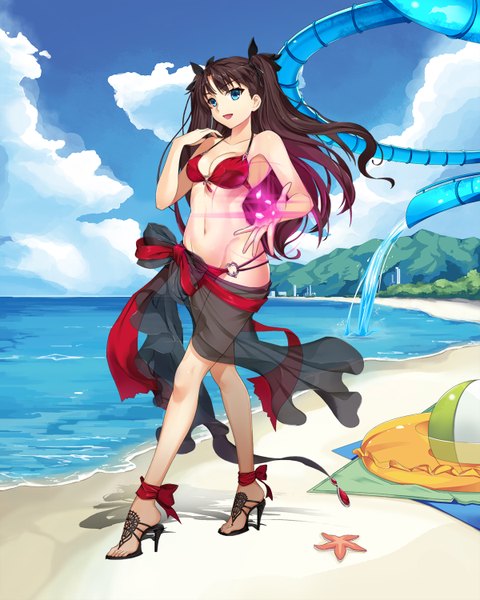 Anime picture 1200x1500 with fate (series) fate/stay night type-moon toosaka rin akira (5888172) single long hair tall image breasts open mouth blue eyes light erotic black hair sky cloud (clouds) beach groin girl navel bow
