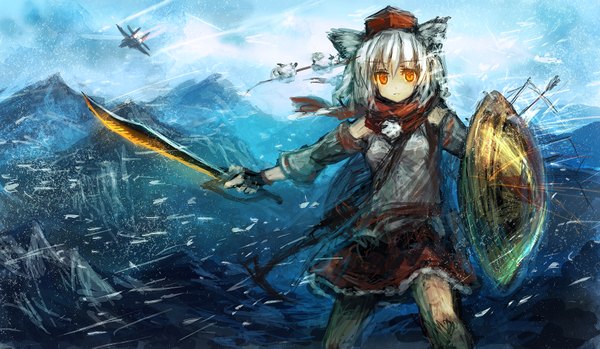 Anime picture 1700x989 with touhou inubashiri momiji lm7 (op-center) single short hair red eyes wide image animal ears white hair mountain girl skirt weapon hat detached sleeves miniskirt sword scarf aircraft shield